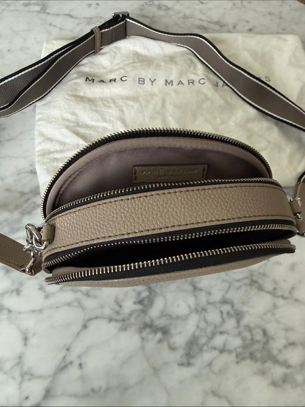 Marc Jacobs Taupe Round Pebbled Leather Crossbody with Striped Strap